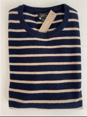 J. Crew Navy and Cream Striped 100% Cashmere Crewneck Sweater